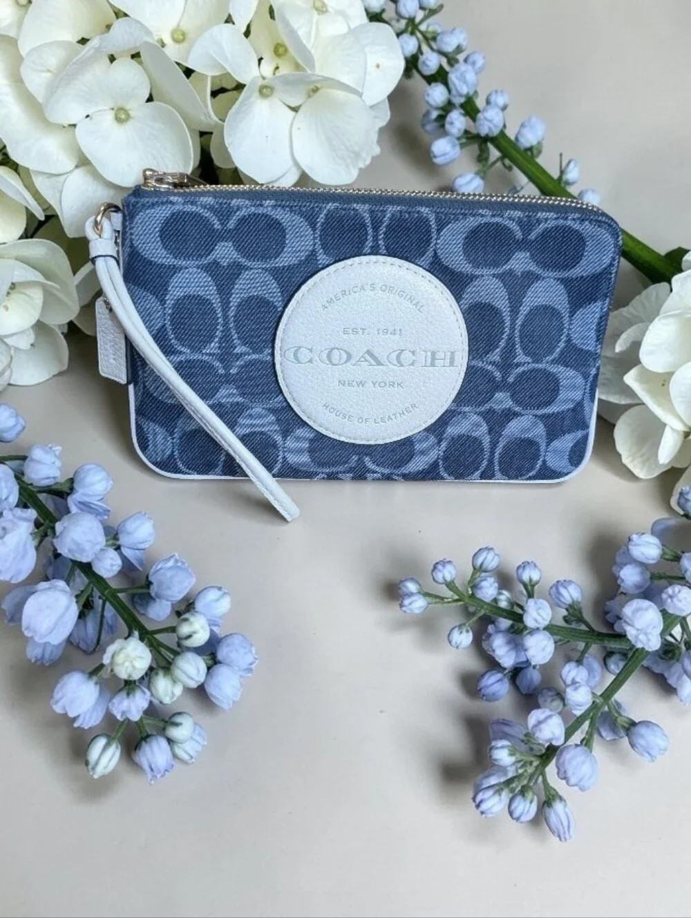 Coach Signature Zip Wristlet in Blue with White Logo Patch